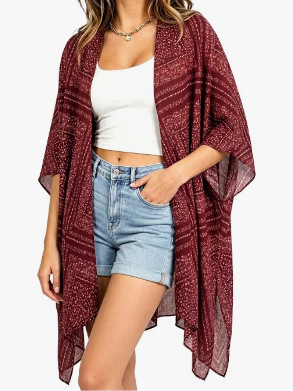 Women's Moss Rose Maroon Open-Front Kimono